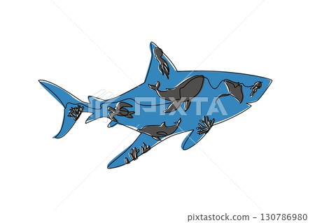 Single continuous line drawing several silhouettes of types of fish within silhouette of a shark. The ocean predator. Looking for prey. Hunting. Mother Ocean Day. One line design vector illustration 130786980
