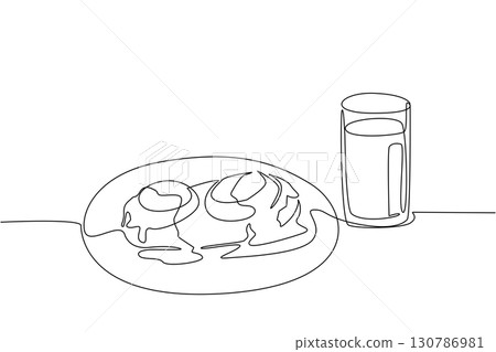 Continuous one line drawing eggs benedict topped with melted cheese and a glass of orange juice. Late breakfast moment. Filling. Brunch for Lunch Day. Single line draw design vector illustration 130786981