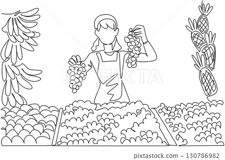 Single continuous line drawing a woman selling fruit holding grapes at her stall. Explaining the advantages of each type of grape. National Small Business Day. One line design vector illustration 130786982