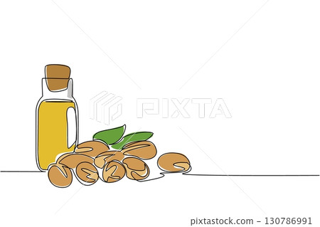 Single continuous line drawing scattered argania seeds and bottles of argania oil. Treatment oil in bottle. Easy to carry and useful. International Day of Argania. One line design vector illustration 130786991