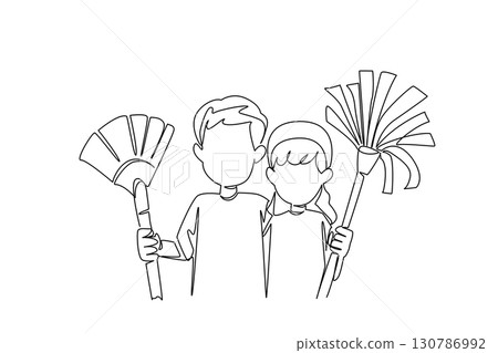 Single continuous line drawing a boy and a girl standing carrying broom and mop. Two smart kids work together to make cleaning easier. National Clean Your Room Day. One line design vector illustration 130786992