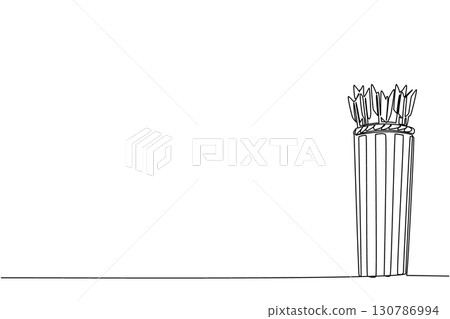 Single continuous line drawing a number of arrows in a rattan wick. Arrow is very ready. Waiting for the target archery pad to be installed. Sport. Archery Day. One line design vector illustration 130786994