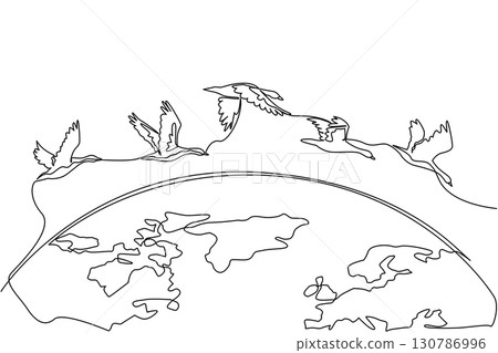 Continuous one line drawing goose mass flight across half the size of the globe. Go in groups to avoid the winter. Adaptation. World Migratory Bird Day. Single line draw design vector illustration 130786996