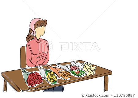 Continuous one line drawing woman sitting and a table with several bouquets of flowers. Waiting for potential buyers to arrive. National Small Business Day. Single line draw design vector illustration 130786997