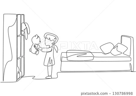 Continuous one line drawing a little girl tidying up her toys and putting them away in the cupboard. Free time for cleaning. National Clean Your Room Day. Single line draw design vector illustration 130786998