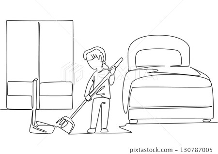Continuous one line drawing a little girl sweeps the floor using a broom and dustpan. Done manually. Without robot technology. National Clean Your Room Day. Single line draw design vector illustration Continuous one line drawing a little girl sweeps the floor using a broom and dustpan. Done manually. Without robot technology. National Clean Your Room Day. Single line draw design vector illustration 130787005