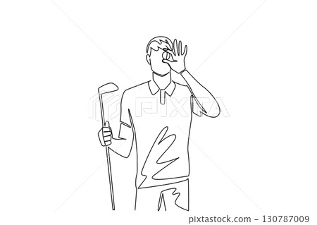 Single one line drawing a man in gloves holds a ball and places it in front of his eyes. Like measuring the distance to a golf hole. National Golf Day. Continuous line design graphic illustration 130787009