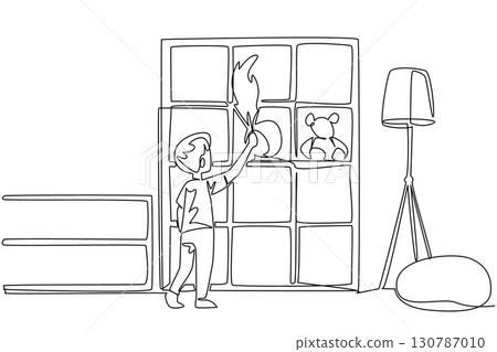 Single continuous line drawing a boy dusting shelf using a duster. Daily routine after playing in the room. Cleanliness is beautiful. National Clean Your Room Day. One line design vector illustration 130787010