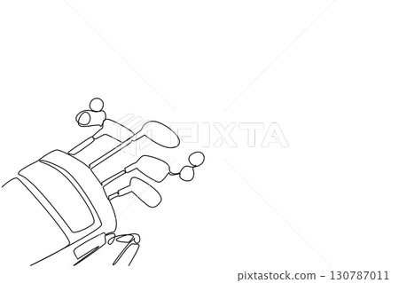 Single one line drawing some golf clubs in the bag and some golf balls around it. Practice with some of the favorite golf clubs. Hobby. National Golf Day. Continuous line design graphic illustration 130787011