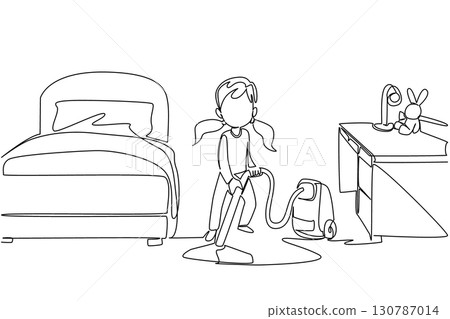Continuous one line drawing a girl is cleaning her room using a vacuum cleaner. Appropriate technology empowerment. Electric. National Clean Your Room Day. Single line draw design vector illustration Continuous one line drawing a girl is cleaning her room using a vacuum cleaner. Appropriate technology empowerment. Electric. National Clean Your Room Day. Single line draw design vector illustration 130787014