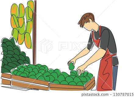 Single continuous line drawing man wearing apron is tidying up the fruit he is selling at his stall. Trader activities in the morning. National Small Business Day. One line design vector illustration Single continuous line drawing man wearing apron is tidying up the fruit he is selling at his stall. Trader activities in the morning. National Small Business Day. One line design vector illustration 130787015