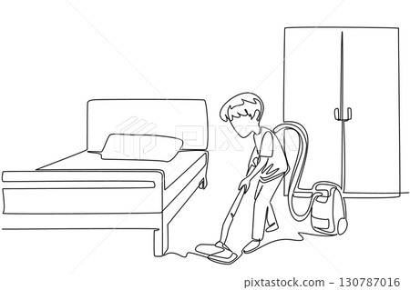 Single continuous line drawing a boy is cleaning his room using a vacuum cleaner. Leveraging technology to be cleaner. Equipment. National Clean Your Room Day. One line design vector illustration 130787016