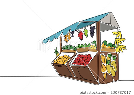 Single one line drawing small fruit stall containing various kinds of fruits. Kiosk. Ripe. Having a dream of a big fruit shop. National Small Business Day. Continuous line design graphic illustration Single one line drawing small fruit stall containing various kinds of fruits. Kiosk. Ripe. Having a dream of a big fruit shop. National Small Business Day. Continuous line design graphic illustration 130787017