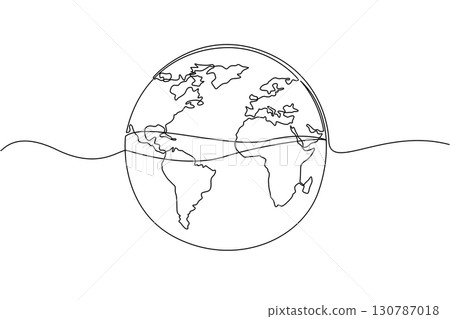 Single one line drawing a globe with water in the center. 71 percent of surface of the earth is ocean. Protect the sea from pollution. Mother Ocean Day. Continuous line design graphic illustration 130787018