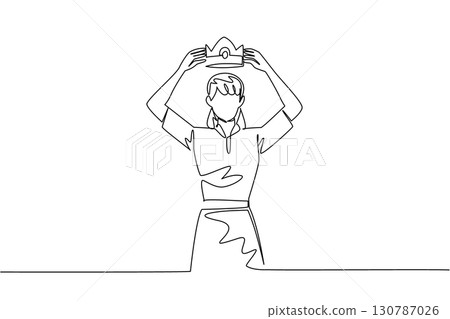 Single one line drawing a woman in casual clothes puts a crown on her head for herself. High level narcissism. Excessive self pride. Reward Yourself Day. Continuous line design graphic illustration Single one line drawing a woman in casual clothes puts a crown on her head for herself. High level narcissism. Excessive self pride. Reward Yourself Day. Continuous line design graphic illustration 130787026