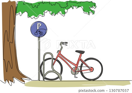 Single continuous line drawing mini bike parked in bike parking lot and big tree. Typical view during holidays. Cycling to the park. National Public Gardens Day. One line design vector illustration Single continuous line drawing mini bike parked in bike parking lot and big tree. Typical view during holidays. Cycling to the park. National Public Gardens Day. One line design vector illustration 130787037