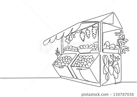 Single one line drawing small fruit stall containing various kinds of fruits. Kiosk. Ripe. Having a dream of a big fruit shop. National Small Business Day. Continuous line design graphic illustration Single one line drawing small fruit stall containing various kinds of fruits. Kiosk. Ripe. Having a dream of a big fruit shop. National Small Business Day. Continuous line design graphic illustration 130787038