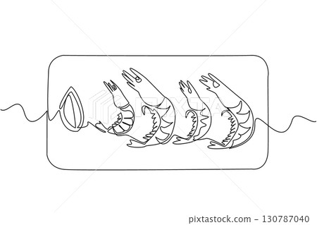 Single one line drawing shrimp lined up 4 on a black square plate. Food presentation pays attention to aesthetics. Deliciousness. National Shrimp Day. Continuous line design graphic illustration 130787040