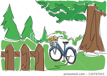 Single one line drawing mini bike with basket of flowers on the stand and big tree. Fresh air without pollution. Freshness. National Public Gardens Day. Continuous line design graphic illustration 130787041