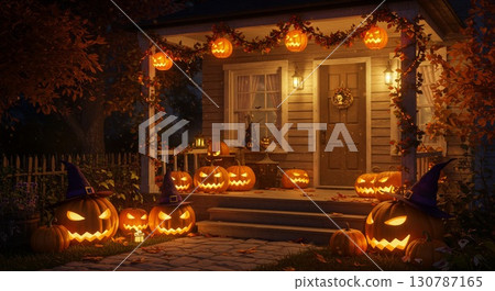 Halloween decoration of a jack-o'-lantern wearing a witch's hat and candy 130787165
