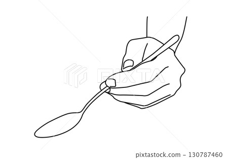 一隻手握著傾斜湯匙的簡單線條畫向量插圖 130787460