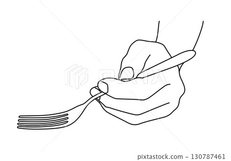 一隻手拿著叉子的簡單線條畫向量插圖 一隻手拿著叉子的簡單線條畫向量插圖 130787461