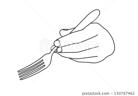 Simple line drawing vector illustration of one hand holding a tilted fork Simple line drawing vector illustration of one hand holding a tilted fork 130787462