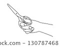 Simple line drawing vector illustration of one hand holding closed scissors 130787468