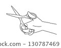 Simple line drawing vector illustration of one hand holding open scissors 130787469