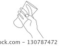 Simple line drawing vector illustration of one hand holding a sideways cup 130787472