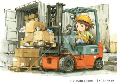 Miyu series: Miyu loading luggage onto a truck with a forklift Miyu series: Miyu loading luggage onto a truck with a forklift 130787636