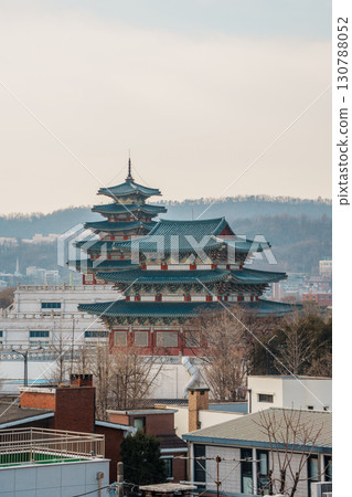 Pagoda of the National Folk Museum of Korea Overlooking Seoul Cityscape 130788052