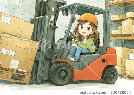 Miyu operates a forklift in a pharmaceutical warehouse 130788063