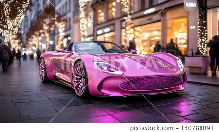 Pink sports car on city street at night stylish and modern design 130788091