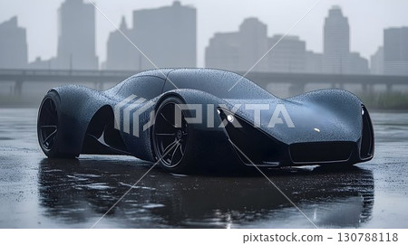 Sleek black supercar glistens with raindrops against a blurred c 130788118