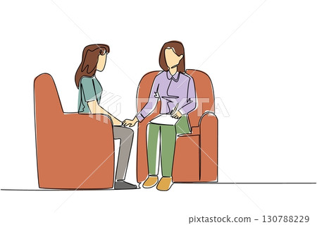 Single continuous line drawing a woman hold clipboard while hold the hand of woman next to her. Giving resilience. National Mental Health Provider Appreciation Day. One line design vector illustration 130788229