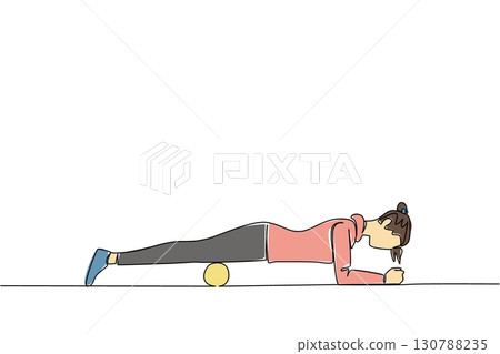 Continuous one line drawing a woman exercising using foam roller. Relieves pain from tension in the front thigh muscles. Health. National Foam Rolling Day. Single line draw design vector illustration 130788235