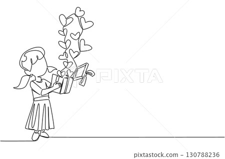 Continuous one line drawing the girl brought a gift box from which lots of hearts came out to the top. A sincere expression of affection. Day of Mother. Single line draw design vector illustration Continuous one line drawing the girl brought a gift box from which lots of hearts came out to the top. A sincere expression of affection. Day of Mother. Single line draw design vector illustration 130788236