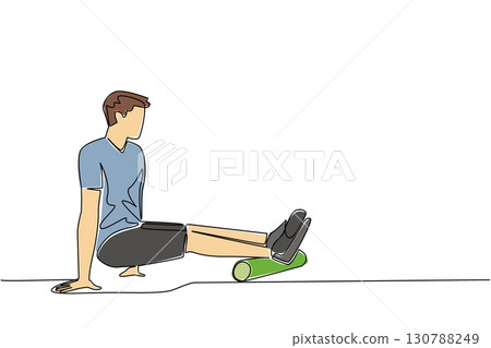 Single one line drawing a man exercising using a foam roller. Handling of minor injuries. Highly competent medical team. Gym. National Foam Rolling Day. Continuous line design graphic illustration 130788249