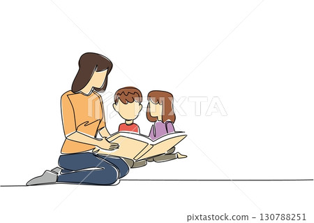 Continuous one line drawing a female babysitter sits on the floor reading book to a boy and a girl. The nanny doing her job wisely. National Babysitter Day. Single line draw design vector illustration 130788251