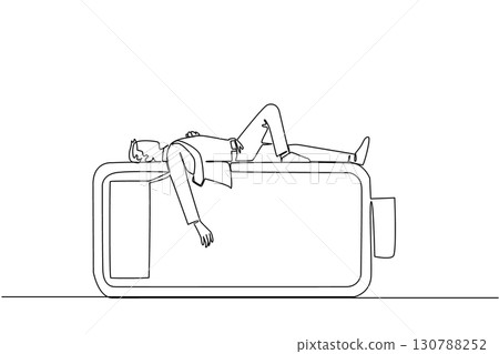 Continuous one line drawing a young businessman falls asleep on a low battery. Need additional energy for further activities. Chronic Fatigue Syndrome Day. Single line draw design vector illustration Continuous one line drawing a young businessman falls asleep on a low battery. Need additional energy for further activities. Chronic Fatigue Syndrome Day. Single line draw design vector illustration 130788252