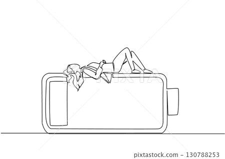 Single continuous line drawing a businesswoman falls asleep on a low battery. Recharge the depleted energy. Sleep to restore energy. Chronic Fatigue Syndrome Day. One line design vector illustration Single continuous line drawing a businesswoman falls asleep on a low battery. Recharge the depleted energy. Sleep to restore energy. Chronic Fatigue Syndrome Day. One line design vector illustration 130788253