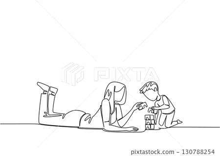 Single one line drawing a babysitter is lying on the floor accompanying a boy playing with building blocks. The creative nanny. National Babysitter Day. Continuous line design graphic illustration 130788254