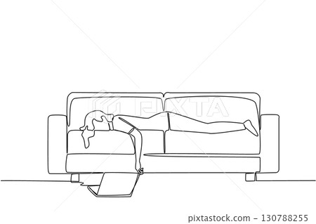 Single one line drawing a woman sleeping face down on the couch with her laptop open. Tiring online meeting. Fast asleep. Chronic Fatigue Syndrome Day. Continuous line design graphic illustration Single one line drawing a woman sleeping face down on the couch with her laptop open. Tiring online meeting. Fast asleep. Chronic Fatigue Syndrome Day. Continuous line design graphic illustration 130788255