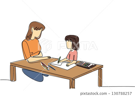 Single continuous line drawing a female babysitter sitting with a girl drawing together at a table. The nanny and education. The governess. National Babysitter Day. One line design vector illustration 130788257