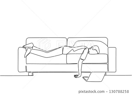 Single continuous line drawing man sleeping face down on the couch with his laptop open. The result of bringing work home. Too tired. Chronic Fatigue Syndrome Day. One line design vector illustration 130788258