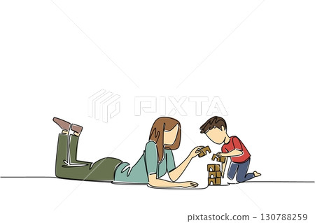 Single one line drawing a babysitter is lying on the floor accompanying a boy playing with building blocks. The creative nanny. National Babysitter Day. Continuous line design graphic illustration 130788259