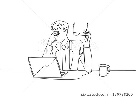 Continuous one line drawing businessman sits while taking off glasses and rubbing his eyes. A programmer who feels very tired. Chronic Fatigue Syndrome Day. Single line draw design vector illustration 130788260