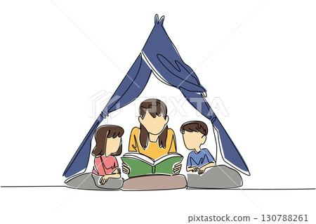 Single continuous line drawing a babysitter lying down reading a book under a tent with a boy and a girl. Get used to the hobby of reading. National Babysitter Day. One line design vector illustration 130788261