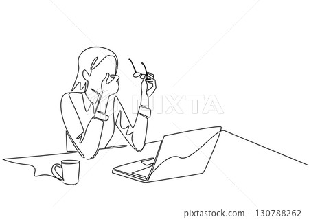 Single one line drawing businesswoman sits while taking off glasses and rubbing eyes. Working overtime takes a lot of energy. Chronic Fatigue Syndrome Day. Continuous line design graphic illustration Single one line drawing businesswoman sits while taking off glasses and rubbing eyes. Working overtime takes a lot of energy. Chronic Fatigue Syndrome Day. Continuous line design graphic illustration 130788262